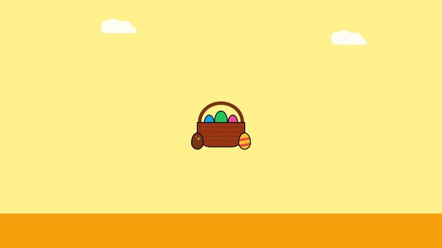 Easter basket with colorful painted eggs sits in a bright landscape during this cheerful spring season digital motion video clip