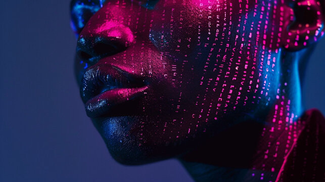 Cyberpunk woman face with pink digital binary code matrix projection
