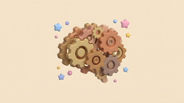3D render of a cute brain mechanism icon illustrating thought processes and problem-solving isolated on a beige background
