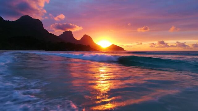 Beautiful tropical beach sunset with mountains and purple clouds