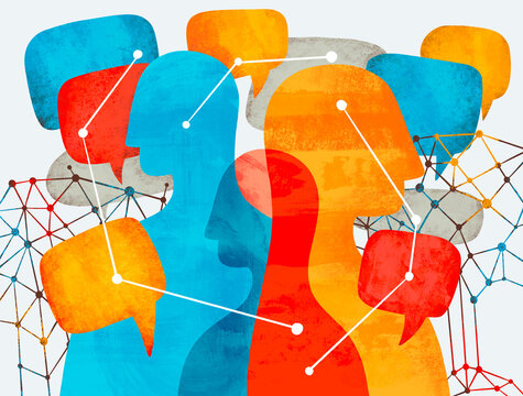 Group of people talking in bright colors about various topics