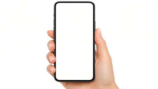 Hand holds smartphone with blank screen. White background, clean, minimal. Ideal for app or brand display. Natural hand, no makeup. Simple, professional, clear. Perfect for digital marketing