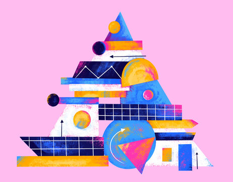 Colorful geometric shapes arranged on a pink background