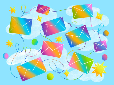 Bright envelopes float in a colorful sky with stars and circles