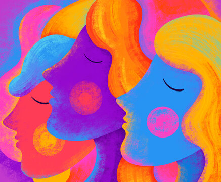 Colorful profile art shows women in vibrant hues and styles