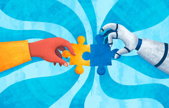Human hand and robot AI hand connect puzzle pieces together