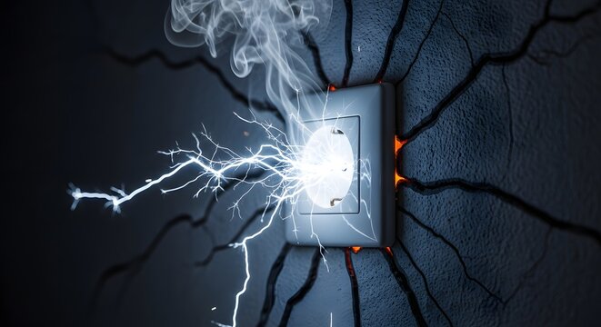 Sparking electrical outlet on a cracked dark wall