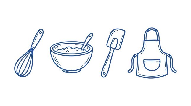 Set of hand drawn kitchen utensils and baking tools isolated on white background