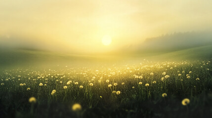 Obraz premium Soft morning mist over dandelion field glowing with golden sunlight in peaceful landscape