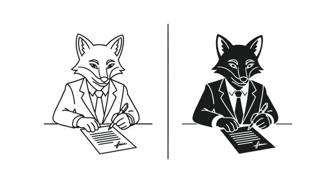 Fox in suit signing document at desk