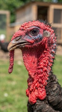 Close-up of a rooster head and vibrant red comb.