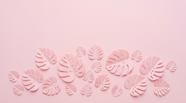 Pink paper monstera leaves on a pink background