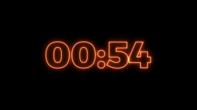 1 minute stopwatch countdown , analog neon clock icon animation on black background . 1 minute countdown timer neon animation.