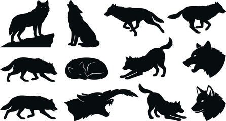 Naklejka premium Wolf Silhouette Icon Set with Howling Running Stalking Roaring Sleeping and Aggressive Wild Predator Animal Emblems for Logo and Graphic Designs