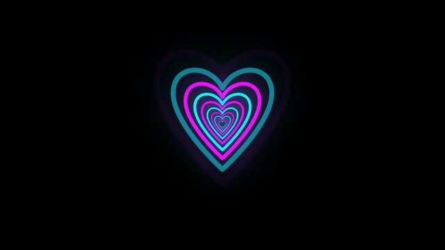 Neon pink and cyan heart shapes pulsate in a rhythmic motion tunnel within this mesmerizing digital loop animation video clip