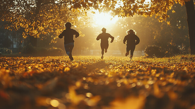 Three children running joyfully through sunlit autumn park covered with fallen leaves