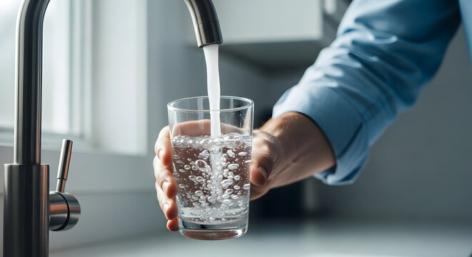 Hand filling glass with water from kitchen faucet