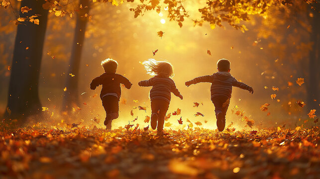 Three joyful children running through vibrant autumn forest with golden leaves falling