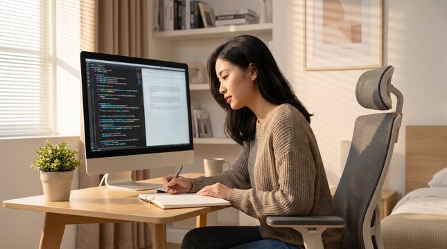 Focused Female Software Developer Learning Programming While Taking Notes at Home Office Workspace