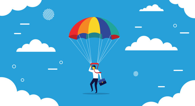 Businessman with a briefcase falling safely from the sky using a large colorful rainbow parachute as a safety net.