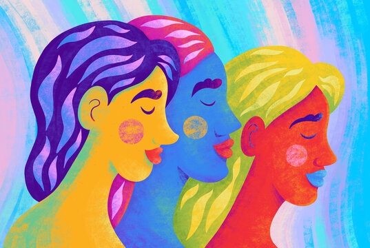 Three women with colorful hair and faces in creative artwork