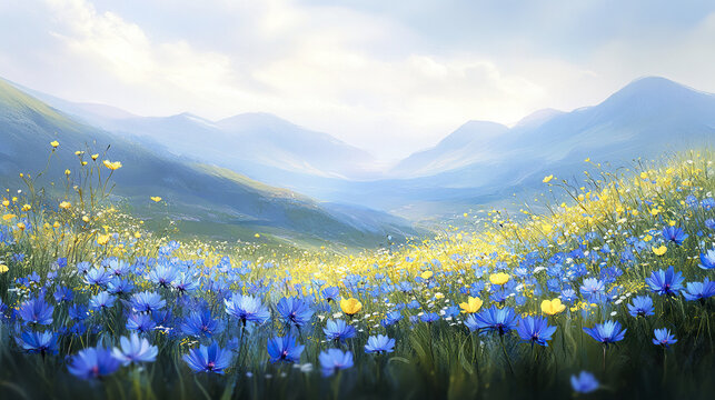 Vibrant blue cornflower and yellow buttercup flowers blooming in bright mountain valley