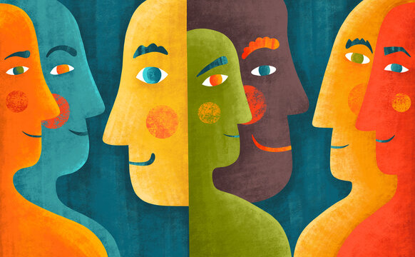 Faces of different colors and expressions in a creative artwork