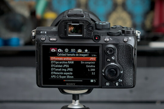 Zapopan Jalisco, Mexico - July 18, 2026: Back view of Sony Alpha 7 III camera showing screen menu settings close up