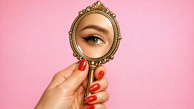 Hand holds ornate mirror reflecting one eye. Pink backdrop adds soft, feminine tone. Red nails match mirror's vintage frame. Eye glistens with subtle makeup detail