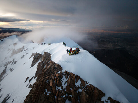 Climbers gathering on the summit ridge of Huayna Potos&iacute;