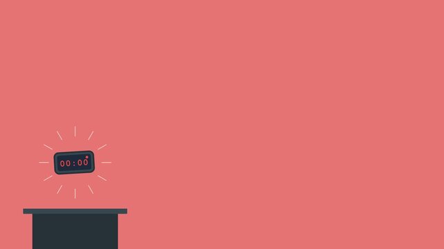 Digital alarm clock floating above a dark desk displays zero hour in this minimalist animated video motion graphic clip