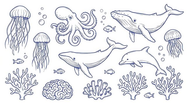 Set of handdrawn marine life illustrations isolated on white background