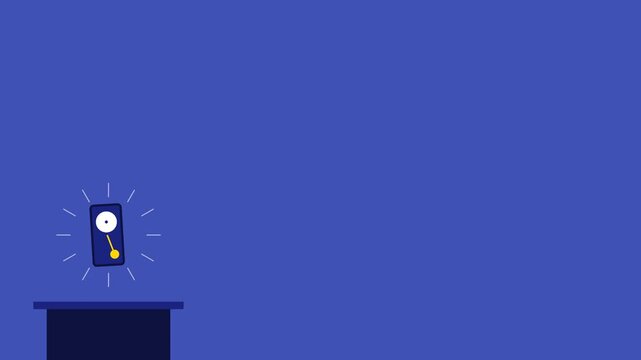 Minimalist blue clock animation featuring a swinging yellow pendulum in motion captured within a dynamic digital vector video clip