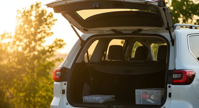 White suv with open trunk at sunset