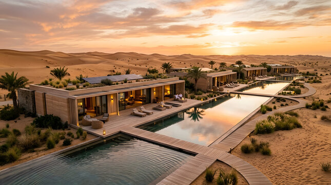 Luxury desert resort with swimming pools. Exclusive villas in sand dunes at sunset.