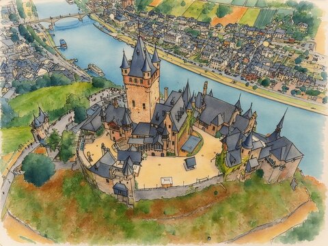 Cochem, Deutschland: Zeichnung der Reichsburg