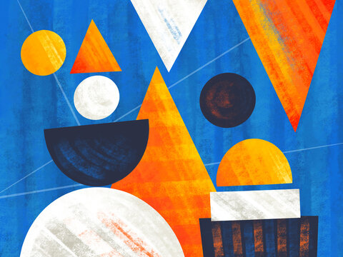 Shapes and colors interact in abstract art piece