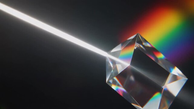 Clear glass prism refracting a bright white light beam into a colorful rainbow motion video footage