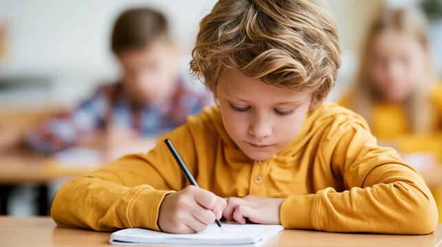 Focused elementary student writing in classroom during school lesson with classmates in background
