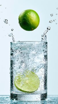 Refreshingly zesty lime splashes in clear drink.
