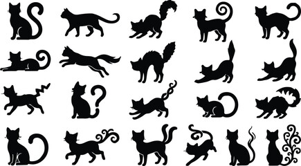Black cat silhouette collection. Vector icon set of domestic cats in various poses like sitting, standing, and walking. Isolated feline pet graphics for design elements © Tomalkrishnadas