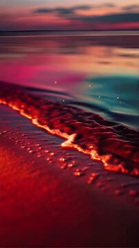 A dreamy, close-up cinematic shot of a calm beach at sunset. Gentle, soft waves slowly ripple over dark golden sand, illuminated by a warm orange and reddish glow from the setting sun