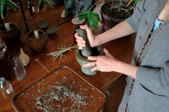 Hands of a perfumer preparing botanical ingredients for fragrance maki