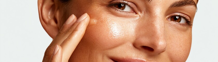 Fototapeta premium Woman applying skincare product on her face.