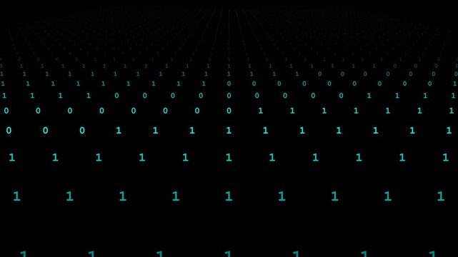 Binary code motion animation displaying cascading streams of zeros and ones in a sleek dark digital technology video clip style