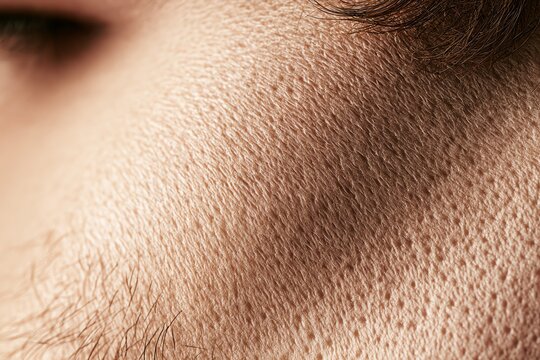 Close-up of human skin texture and hair details.
