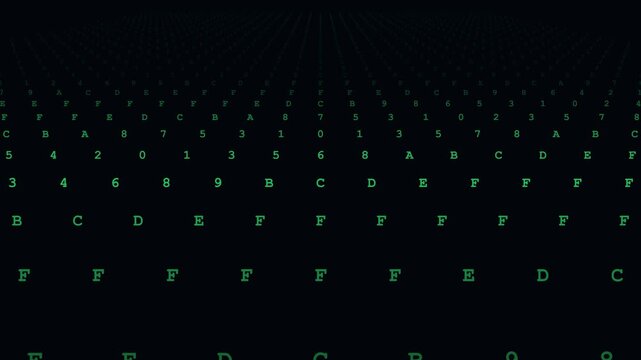 Digital matrix stream with cascading green hexadecimal alphanumeric code characters creating a dynamic flowing motion effect for tech video clip