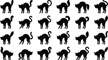 Black cat silhouette collection. Vector icon set of domestic cats in various poses like sitting, standing, and walking. Isolated feline pet graphics for design elements © Tomalkrishnadas