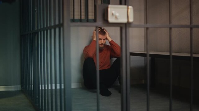 Depressed young male detainee sitting on the floor behind jail cell bars