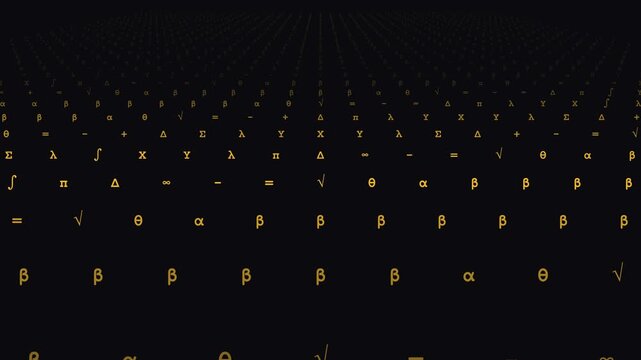 Mathematical symbols float in an infinite grid forming a dark golden motion animation sequence for advanced scientific research video footage